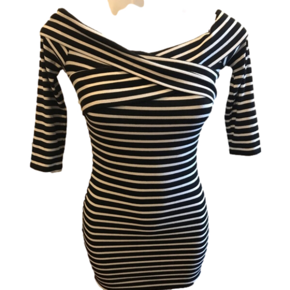 Forever 21 Black White Strips 3/4 Sleeve Midi Dress size Small